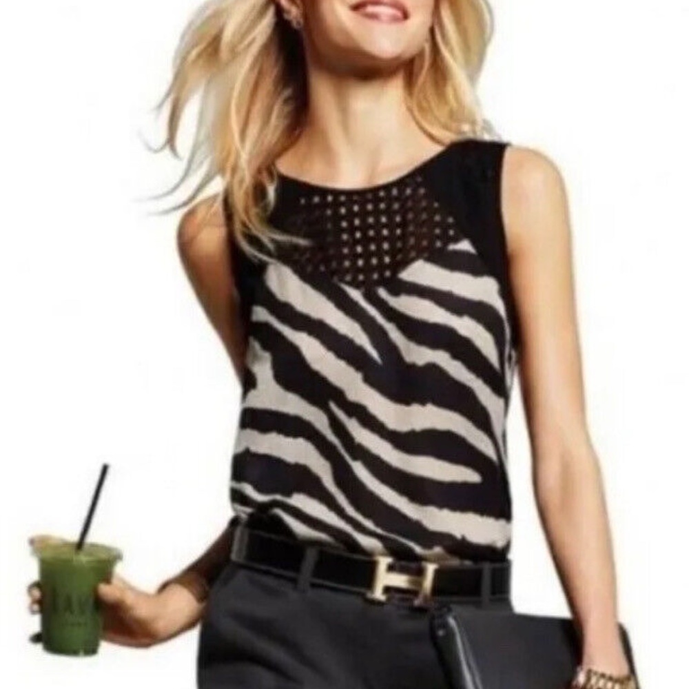 Cabi Black Tan Tivoli Zebra Print Sleeveless Blouse Style 5046